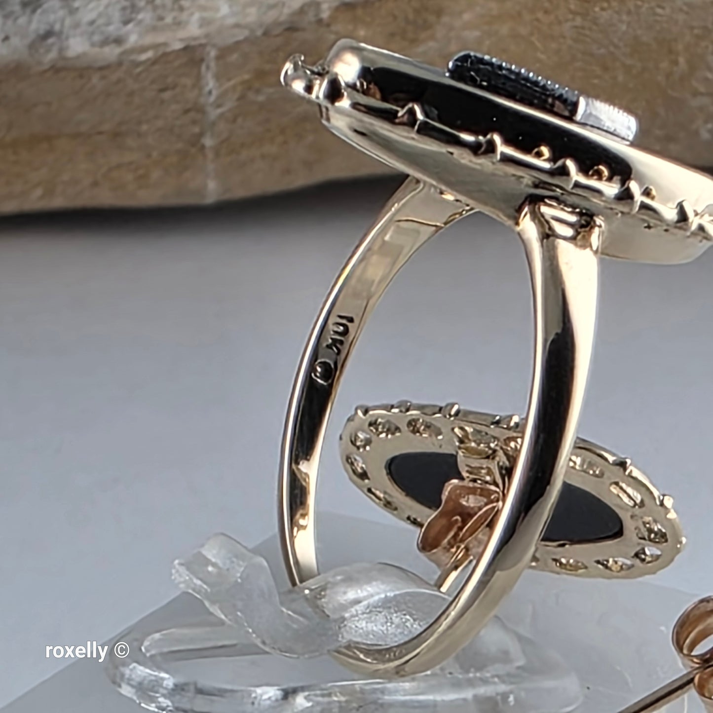 10K Yellow Gold Onyx and Diamond Art Deco Ring Size 7, and Earrings