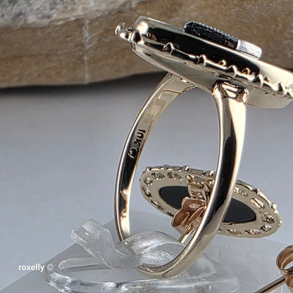 10K Yellow Gold Onyx and Diamond Art Deco Ring Size 7, and Earrings