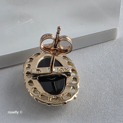 10K Yellow Gold Onyx and Diamond Art Deco Ring Size 7, and Earrings