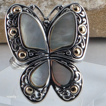 925 Sterling Silver and 18K Yellow Gold Butterfly-Shaped Mother of Pearls Ring Size 9