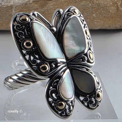 925 Sterling Silver and 18K Yellow Gold Butterfly-Shaped Mother of Pearls Ring Size 9