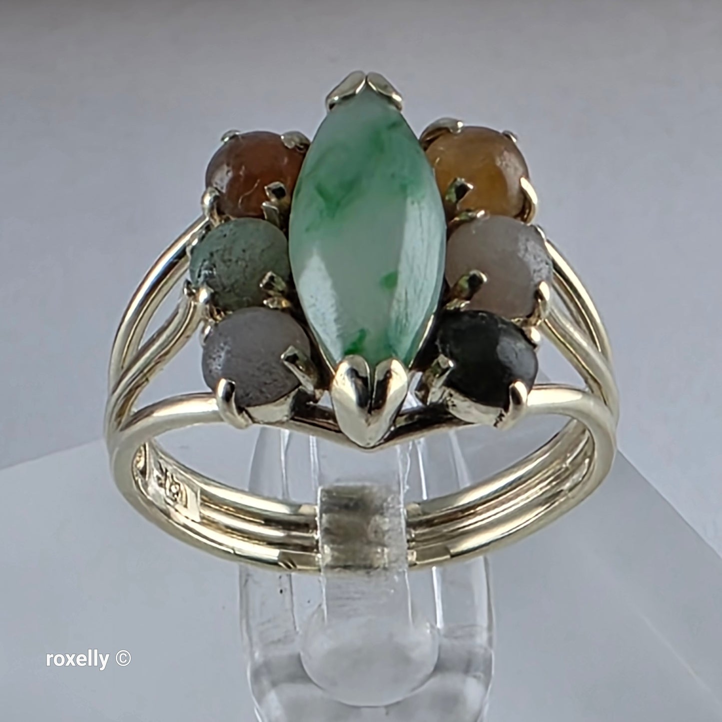 14K Yellow Gold Multi-Tone Jade Gemstones Ring Size 5.25 - Solid Gold