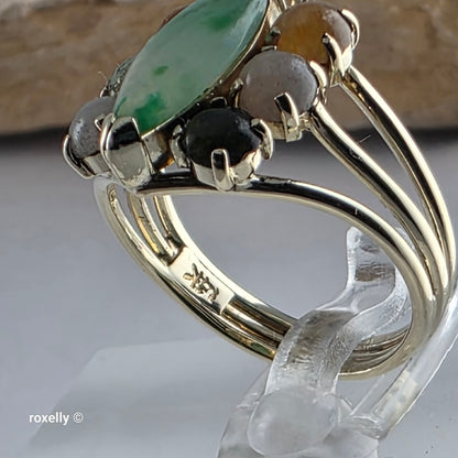 14K Yellow Gold Multi-Tone Jade Gemstones Ring Size 5.25 - Solid Gold