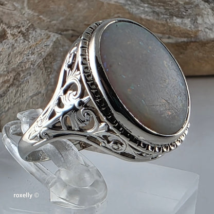 Vintage 14K White Gold Opal Art-Deco Ring Size 7.25 - Solid Gold