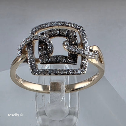 14K Yellow Gold Chocolate & White Genuine Diamonds Square Ring Size 6.5