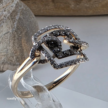 14K Yellow Gold Chocolate & White Genuine Diamonds Square Ring Size 6.5