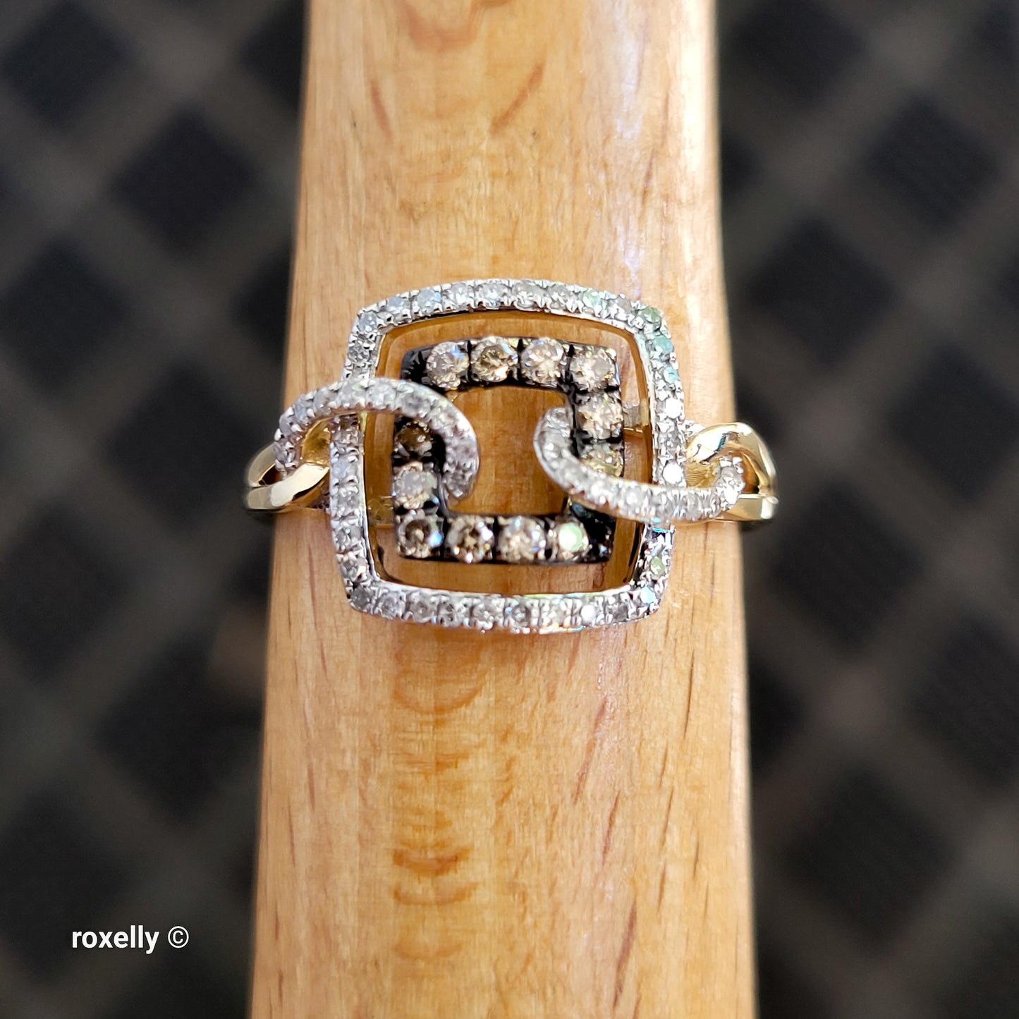 14K Yellow Gold Chocolate & White Genuine Diamonds Square Ring Size 6.5