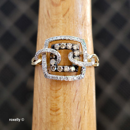 14K Yellow Gold Chocolate & White Genuine Diamonds Square Ring Size 6.5