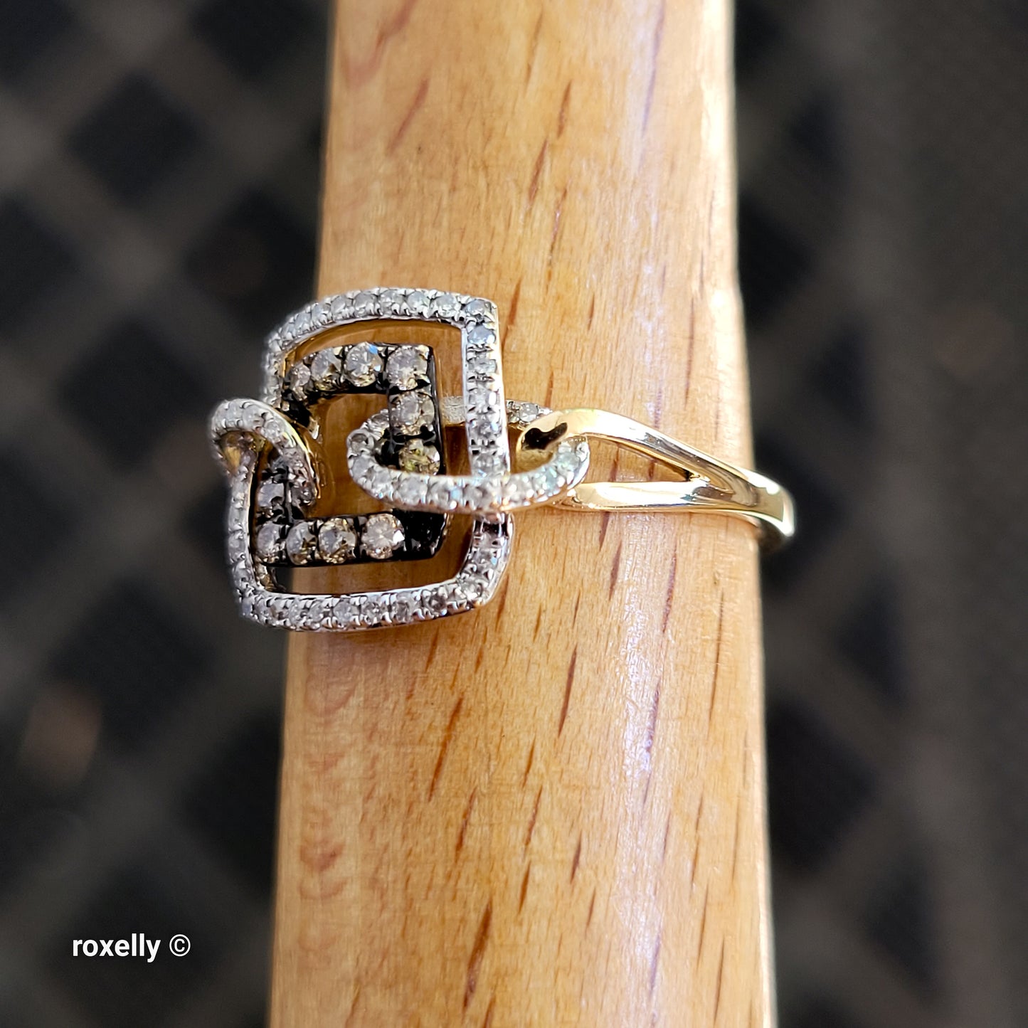 14K Yellow Gold Chocolate & White Genuine Diamonds Square Ring Size 6.5