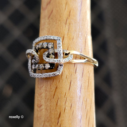 14K Yellow Gold Chocolate & White Genuine Diamonds Square Ring Size 6.5