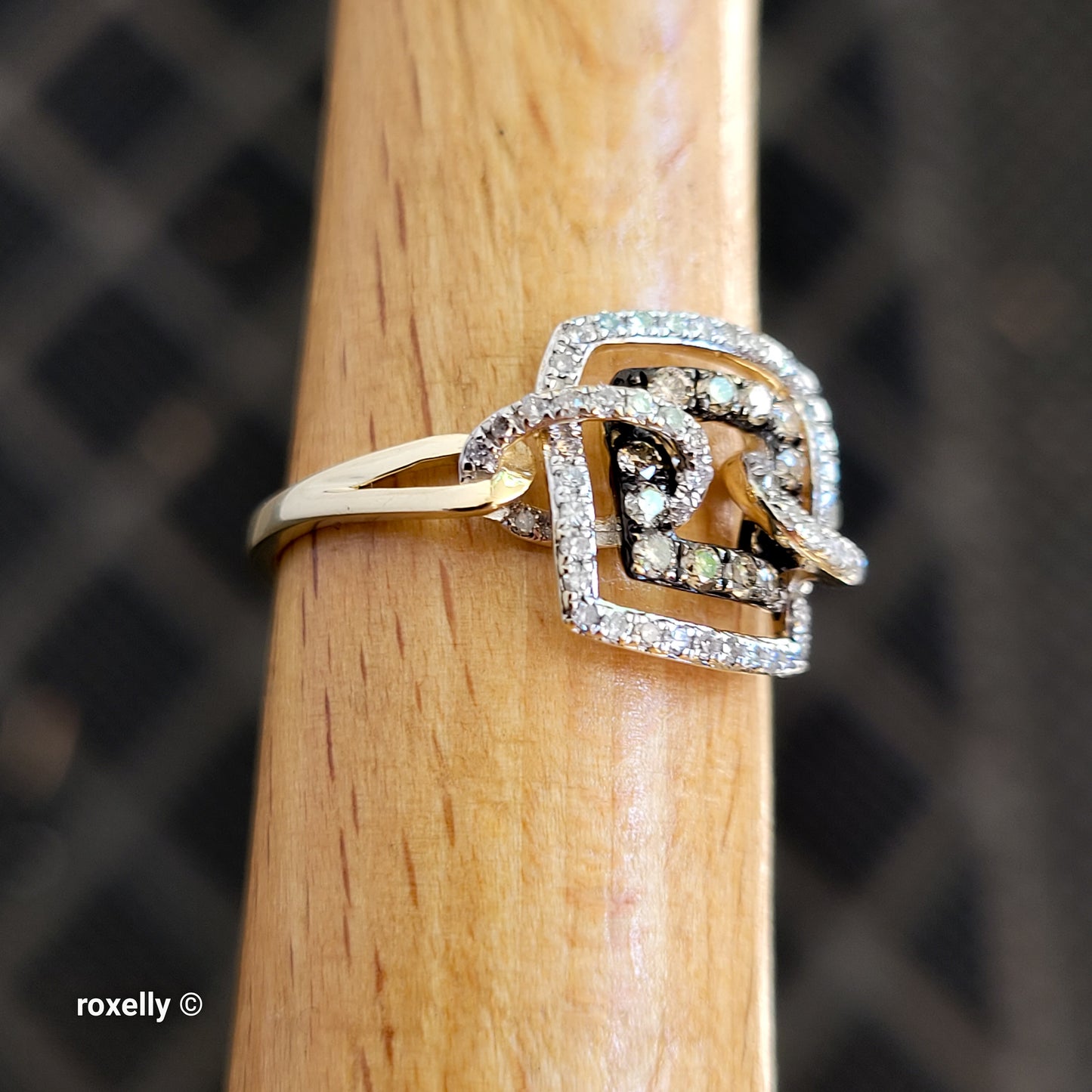14K Yellow Gold Chocolate & White Genuine Diamonds Square Ring Size 6.5