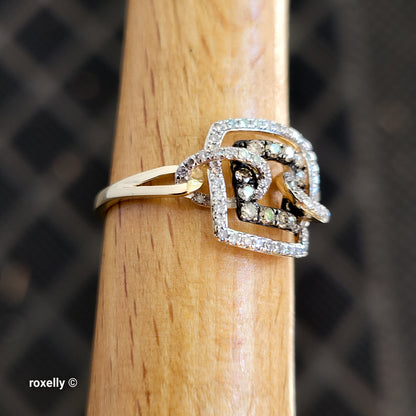 14K Yellow Gold Chocolate & White Genuine Diamonds Square Ring Size 6.5