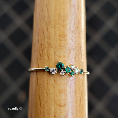 14K Yellow Gold Emeralds & Genuine Diamonds Dainty Lightweight Ring Size 8.5