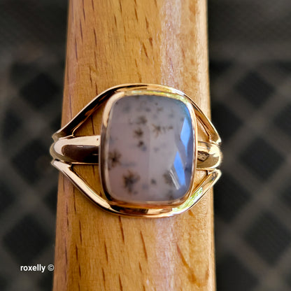 14K Rose Gold Cushion Cabochon Dendritic Agate Split Shank Cocktail Ring Size 9.25, Solid Gold!