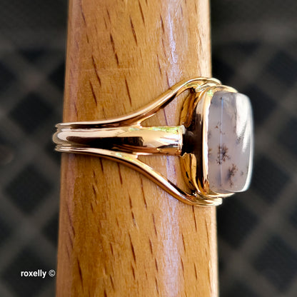 14K Rose Gold Cushion Cabochon Dendritic Agate Split Shank Cocktail Ring Size 9.25, Solid Gold!