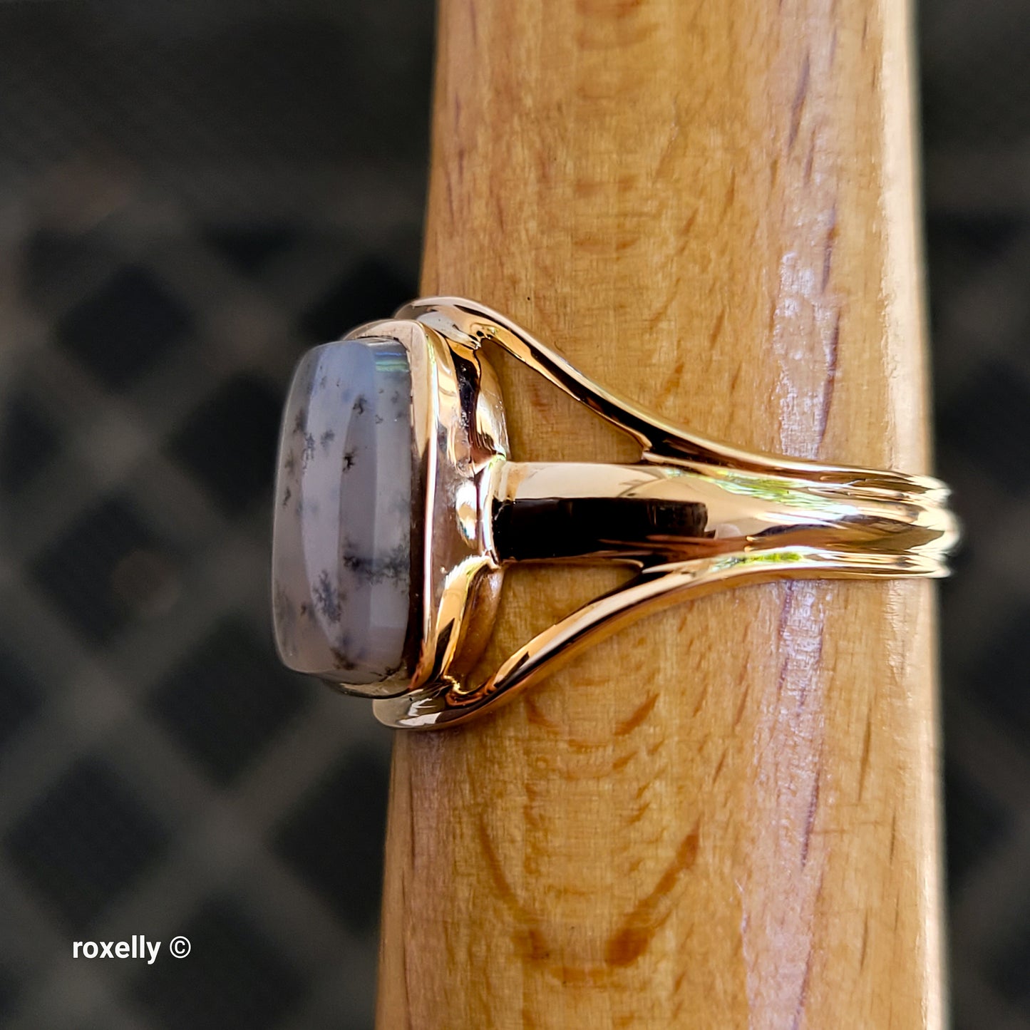 14K Rose Gold Cushion Cabochon Dendritic Agate Split Shank Cocktail Ring Size 9.25, Solid Gold!