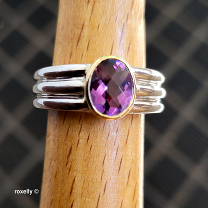 Sterling Silver and 14K Yellow Gold Amethyst Ribbed Band Ring Size 7