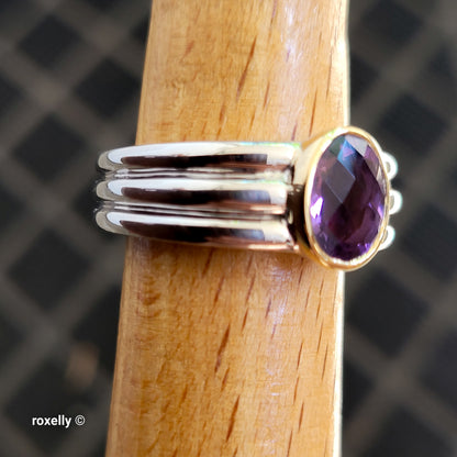 Sterling Silver and 14K Yellow Gold Amethyst Ribbed Band Ring Size 7