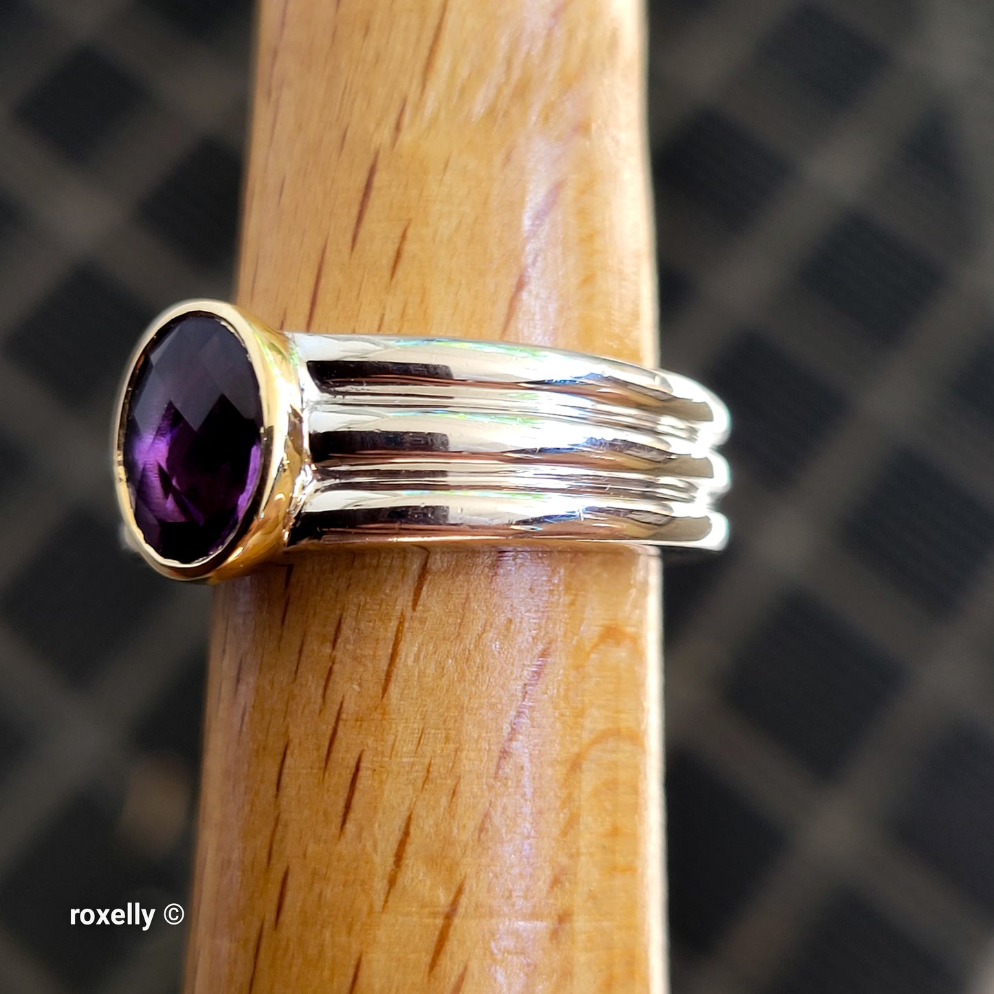 Sterling Silver and 14K Yellow Gold Amethyst Ribbed Band Ring Size 7