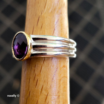 Sterling Silver and 14K Yellow Gold Amethyst Ribbed Band Ring Size 7