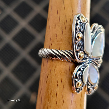 925 Sterling Silver and 18K Yellow Gold Butterfly-Shaped Mother of Pearls Ring Size 9