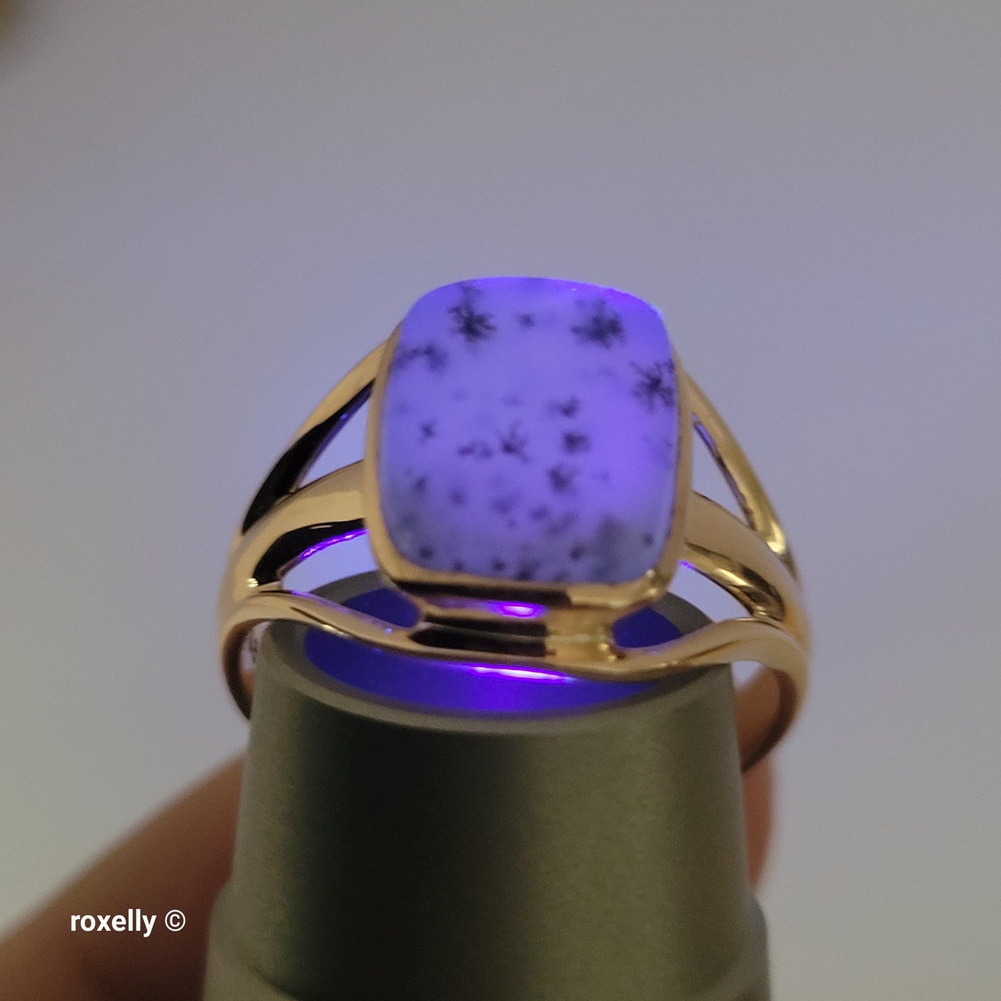14K Rose Gold Cushion Cabochon Dendritic Agate Split Shank Cocktail Ring Size 9.25, Solid Gold!