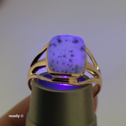 14K Rose Gold Cushion Cabochon Dendritic Agate Split Shank Cocktail Ring Size 9.25, Solid Gold!