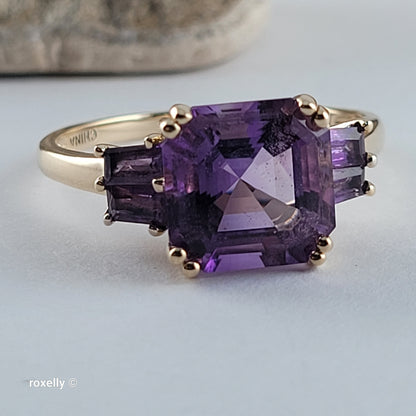 14K Yellow Gold Purple Amethyst Cocktail Ring Size 11 - Solid Gold