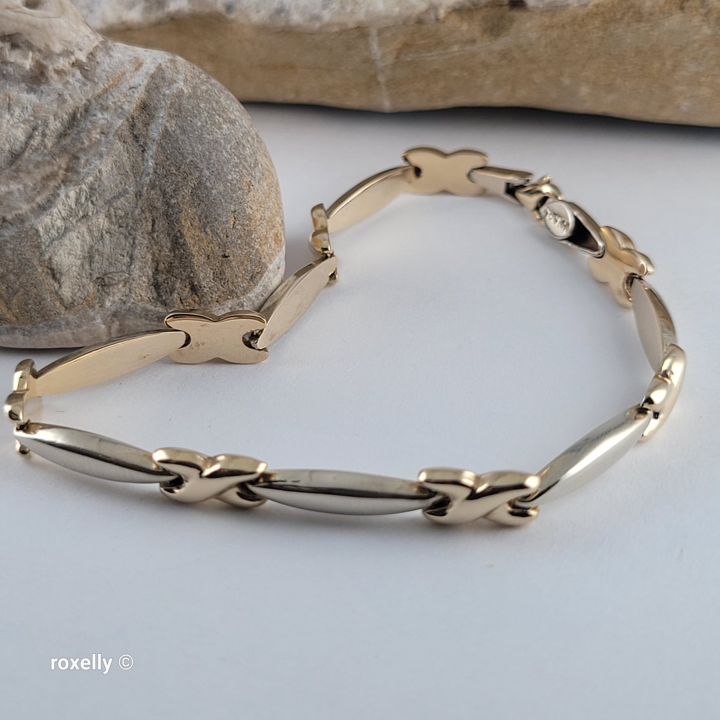 14K Two-Tone Gold XOXO Design Bracelet 7.5" - Solid Gold