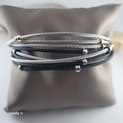Charriol Genève Steel 10-Row Cable Bangle Bracelet with 18K Yellow Gold Accents – 6.75” Wrist
