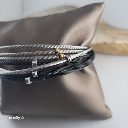 Charriol Genève Steel 10-Row Cable Bangle Bracelet with 18K Yellow Gold Accents – 6.75” Wrist