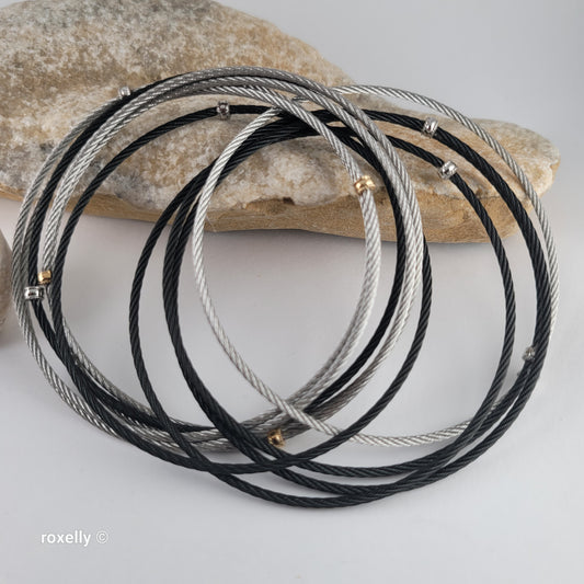 Charriol Genève Steel 10-Row Cable Bangle Bracelet with 18K Yellow Gold Accents – 6.75” Wrist