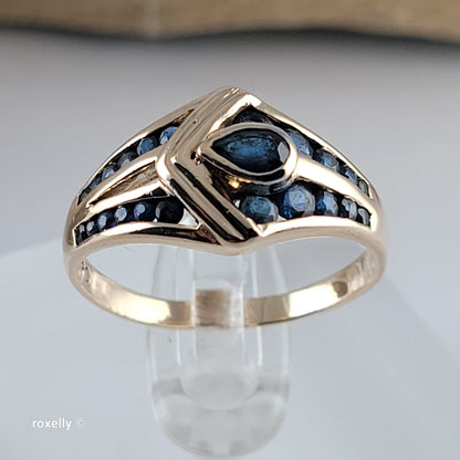 14K Yellow Gold Blue Sapphires Ring Size 8 - Solid Gold
