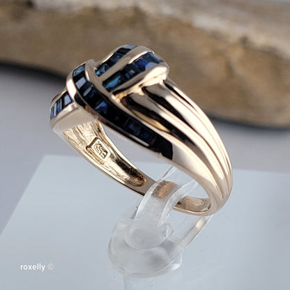 14K Yellow Gold Dark Blue Sapphire Dome Ring Size 7 - Solid Gold