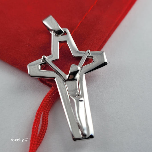 18K White Gold Modern Open-Design Crucifix Cross Pendant – Made in Italy