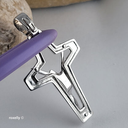 18K White Gold Modern Open-Design Crucifix Cross Pendant – Made in Italy