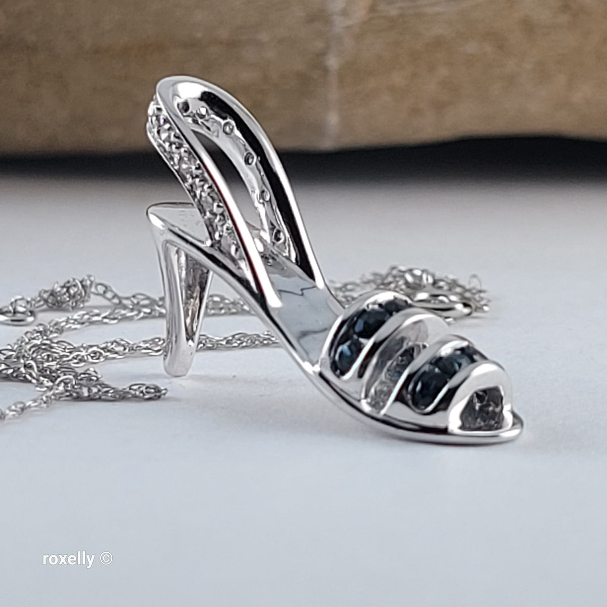 14K White Gold Necklace with High-Heel Sandal Pendant, Diamond & Blue Sapphire - Solid Gold!