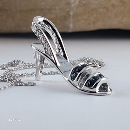 14K White Gold Necklace with High-Heel Sandal Pendant, Diamond & Blue Sapphire - Solid Gold!