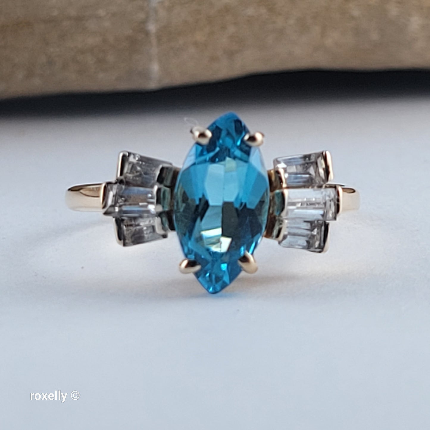 14K Yellow Gold Blue Topaz & Aquamarine Cocktail Ring Size 8 - Solid Gold - view 11
