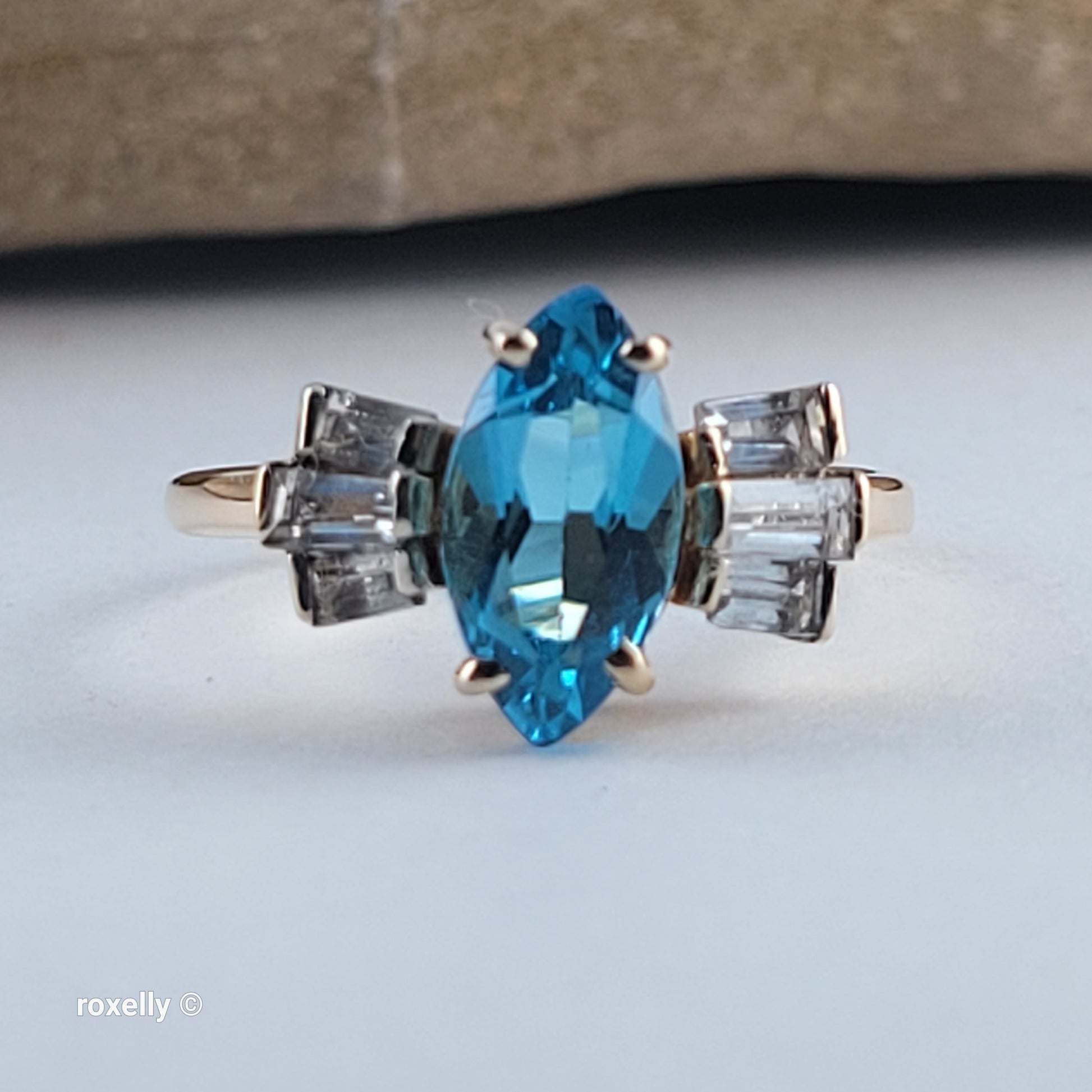 14K Yellow Gold Blue Topaz & Aquamarine Cocktail Ring Size 8 - Solid Gold - view 11