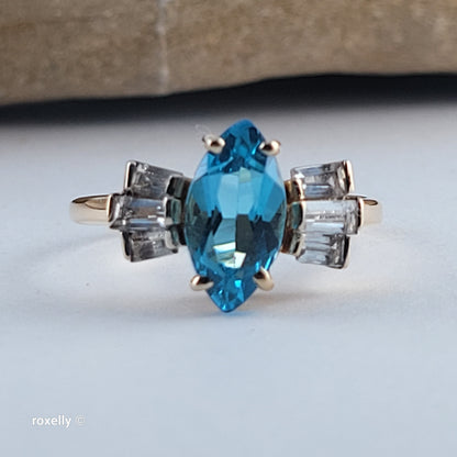 14K Yellow Gold Blue Topaz & Aquamarine Cocktail Ring Size 8 - Solid Gold - view 11