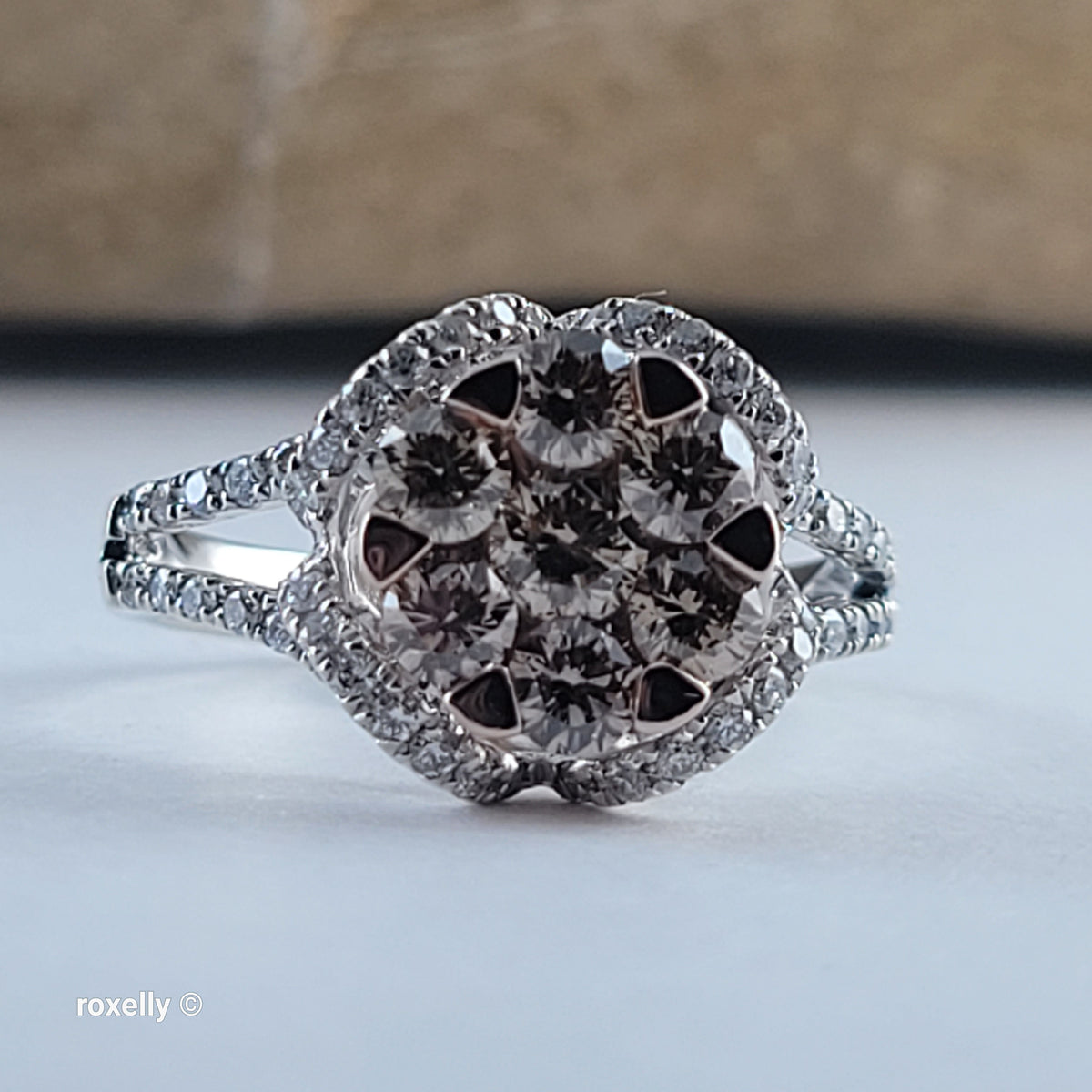 14K White Gold Natural Champagne & White Diamond Ring Size 6, Solid Gold