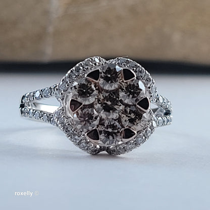 14K White Gold Natural Champagne & White Diamond Ring Size 6, Solid Gold