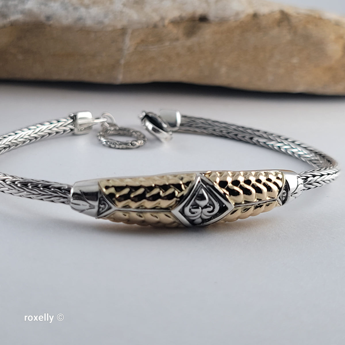 925 Sterling Silver & 18K Yellow Gold Balinese Woven Wheat Chain Bracelet, Made in Indonesia!