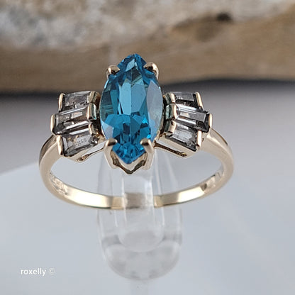 14K Yellow Gold Blue Topaz & Aquamarine Cocktail Ring Size 8 - Solid Gold - view 3