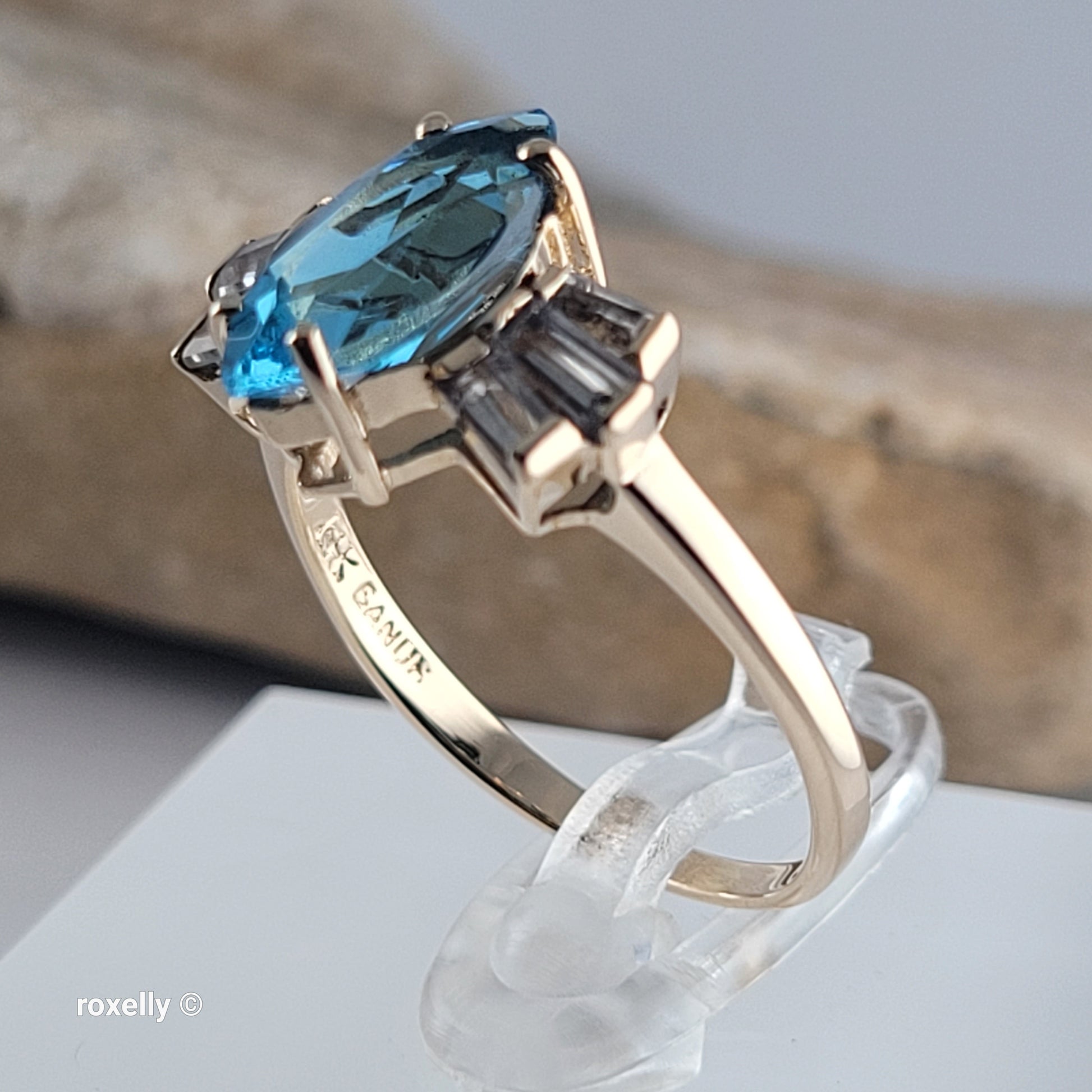 14K Yellow Gold Blue Topaz & Aquamarine Cocktail Ring Size 8 - Solid Gold - view 4