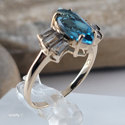 14K Yellow Gold Blue Topaz & Aquamarine Cocktail Ring Size 8 - Solid Gold - view 2
