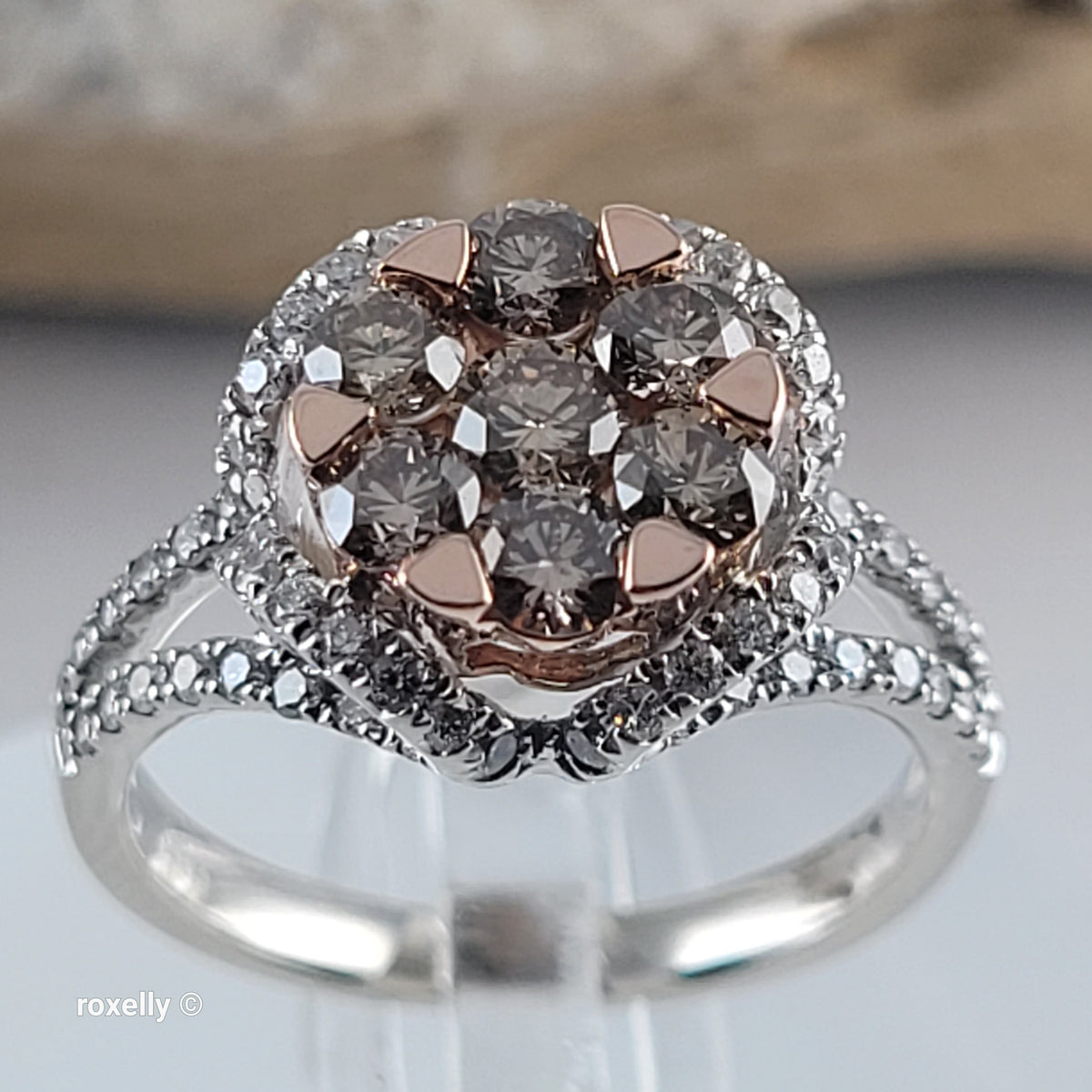 14K White Gold Natural Champagne & White Diamond Ring Size 6, Solid Gold