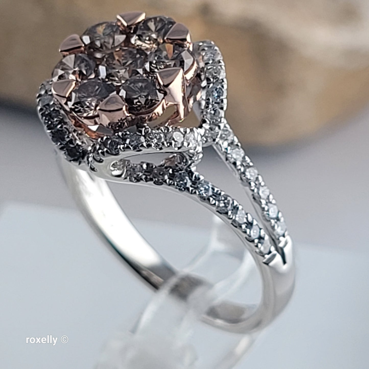 14K White Gold Natural Champagne & White Diamond Ring Size 6, Solid Gold