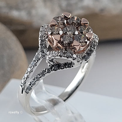 14K White Gold Natural Champagne & White Diamond Ring Size 6, Solid Gold